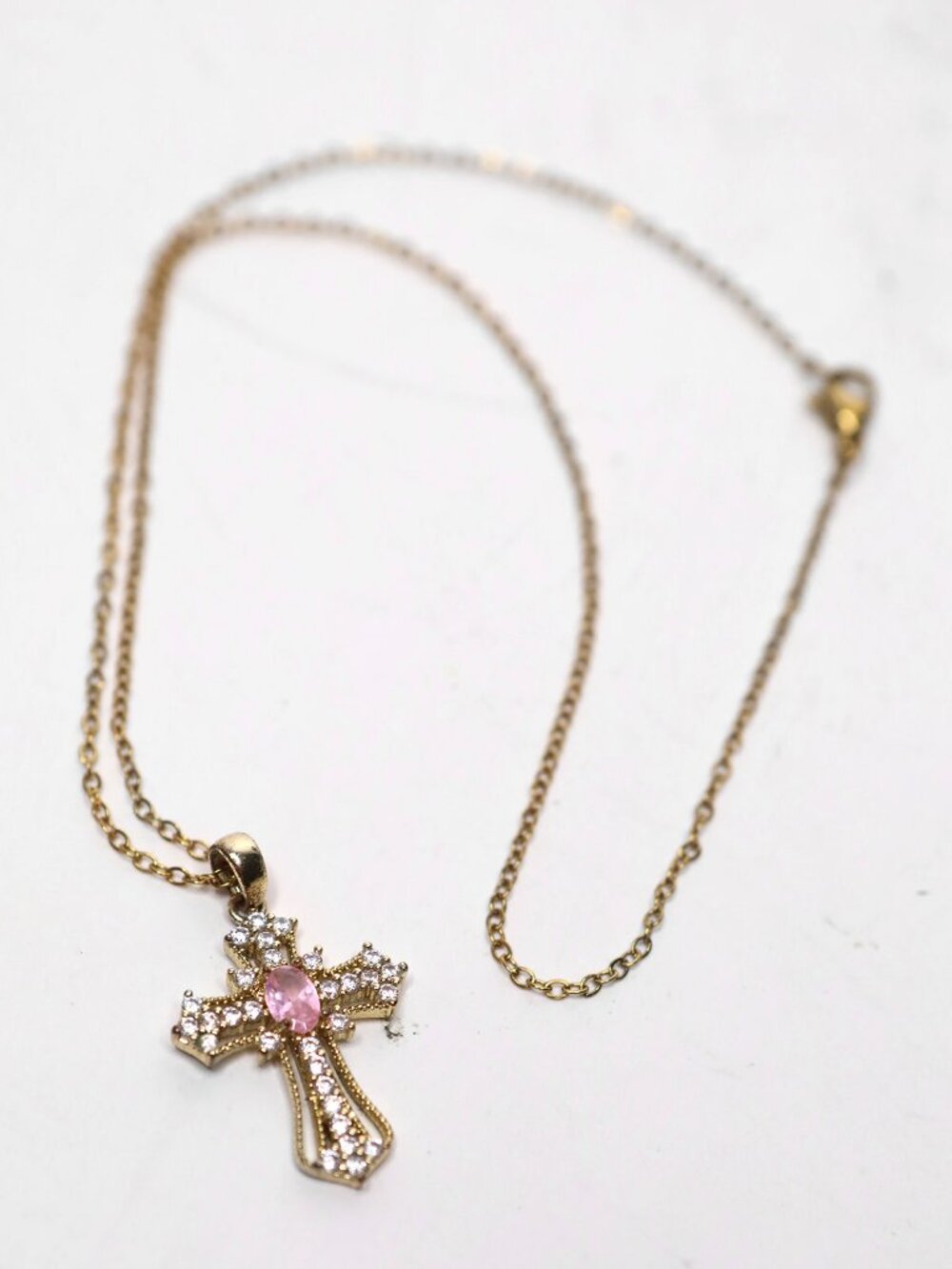 Gold Tone Pink Gemstone Rhinestone Cross Pendant Necklace Fine Religious Jewelry